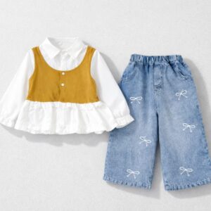 ARRA - ONE SET OLIVE COTTON BLOUSE WITH LONG PANTS JEANS SIZE 1-8 YEARS