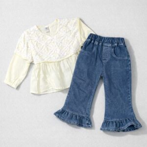 HAWA- ONE SET CREAM EMBOIDERY COTTON BLOUSE WITH LONG PANTS JEANS SIZE 1-8 YEARS